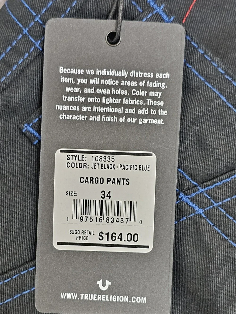 True Religion Cargo Pant Baggy Jet Black Pacific Blue Logo Pockets Men's Size 34
